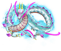 The Embodiment of Suiryu, Tatsumi's Battle Form, a huge pink and blue flying dragon.