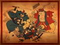 Main menu art depicting a Sheriff and a Shopkeeper punishing Shiren.